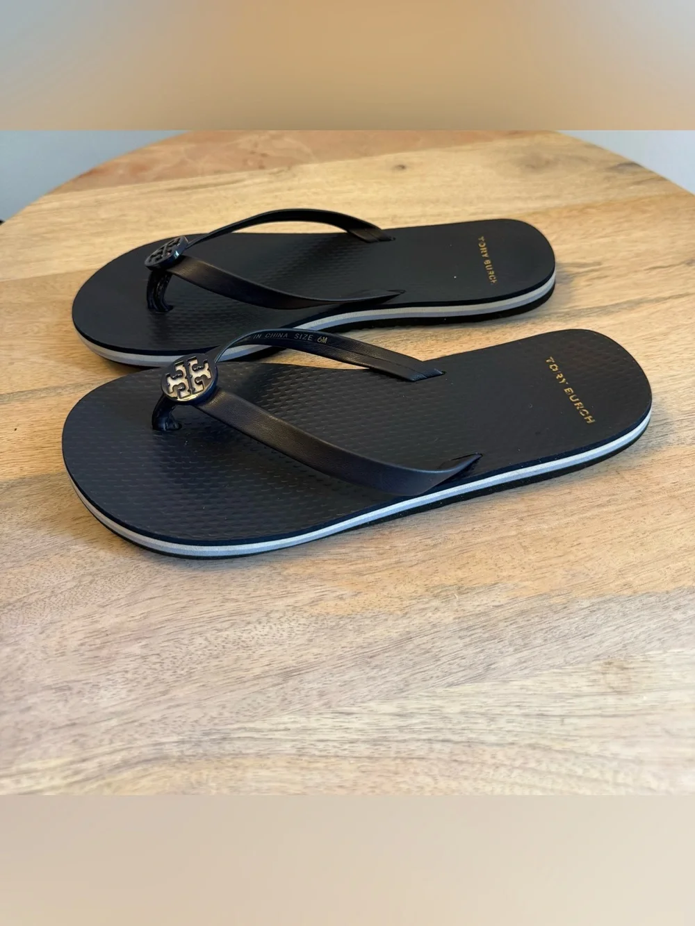 Tory Burch Logo Navy Blue Rubber Flip Flops Size 6